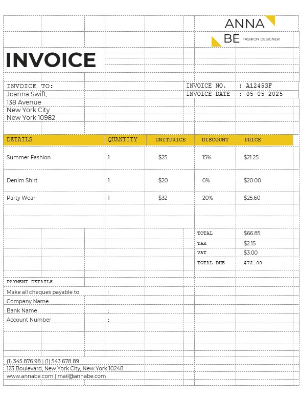 Fashion Designer Invoice Template PSD template